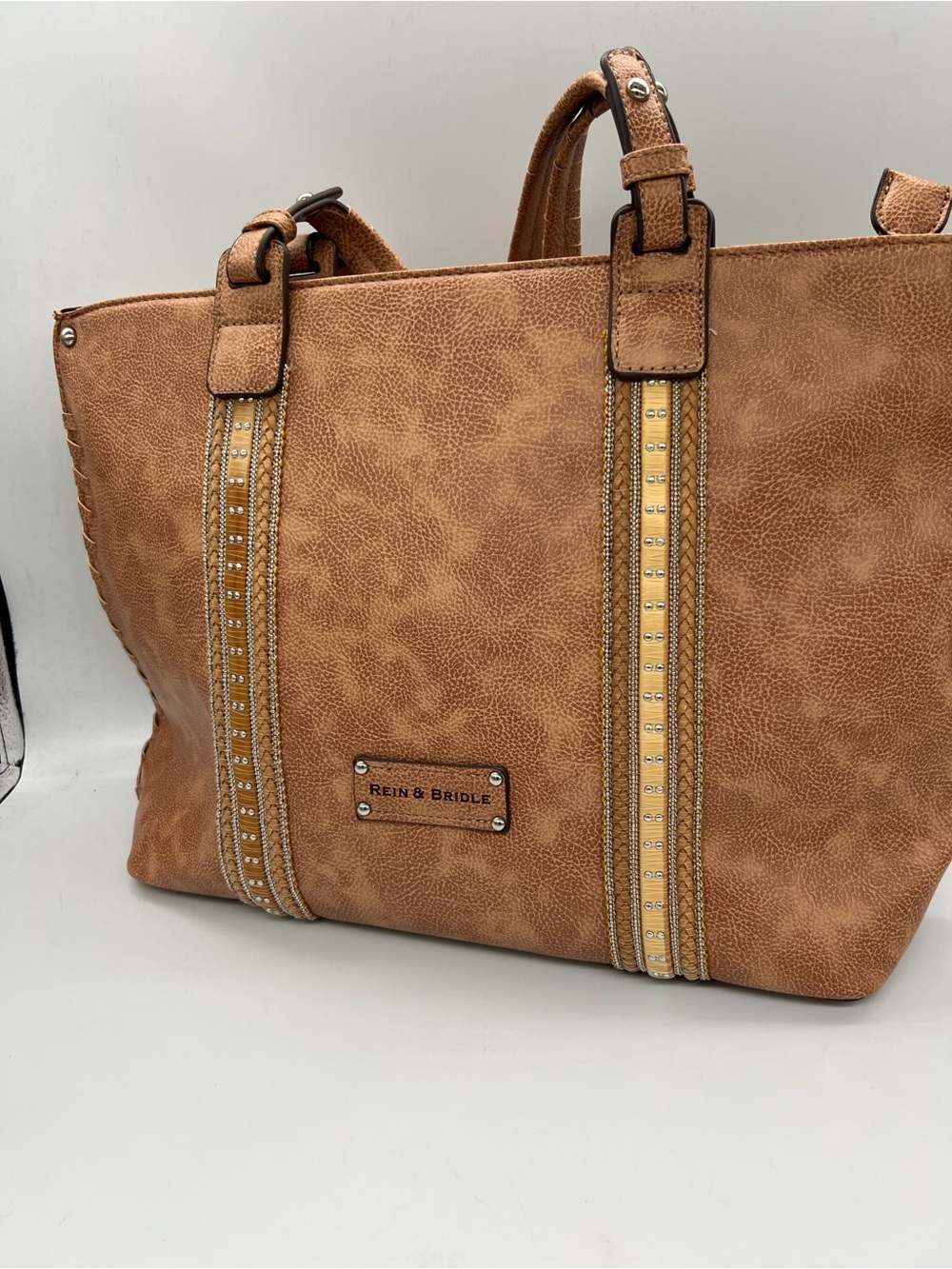 Rein & Bridle Tan Tote Bag with Studded Trim